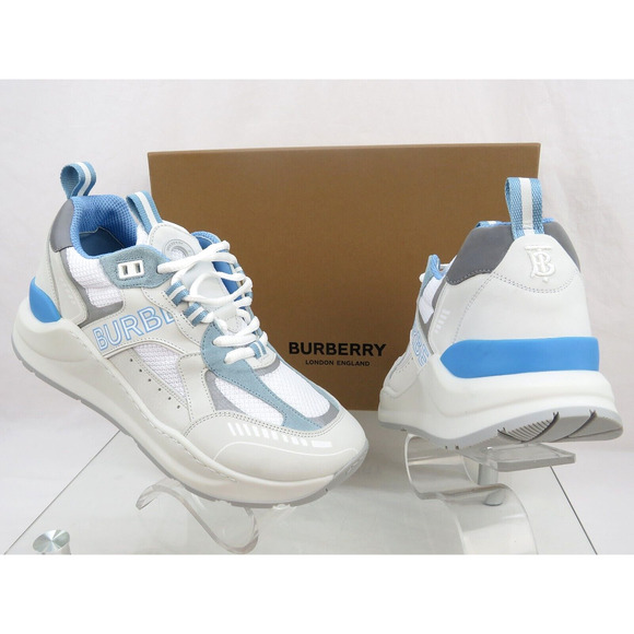 $850 BURBERRY SEAN WHITE SUEDE MESH PALE BLUE LOGO LOW SNEAKERS 41 US 8 ITALY main image 15